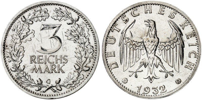 KURS - UND GEDENKMÜNZEN. 3 RM - Kursmünze. J. 349, EPA 3/60. 
3 RM 1932 G.
RR ...