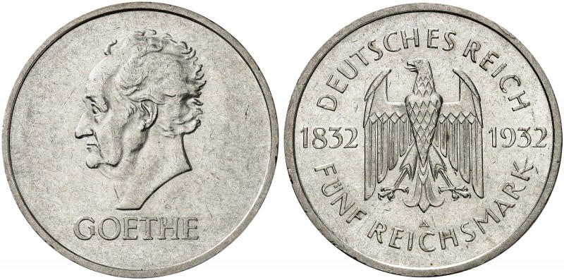 KURS - UND GEDENKMÜNZEN. J. 351, EPA 5/70. 
5 RM 1932 A, Goethe.
vz+