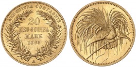 DEUTSCH - NEU - GUINEA. J. N 709, EPA DNG 9. 
20 Mark 1895 A.
Gold, nur 1500 Expl. Geprägt, RR !
Prachtexemplar ! winz. Kr., St