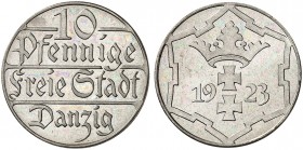 FREIE STADT DANZIG. J. D 5, EPA D 7. 
10 Pfennige 1923.
In dieser Erhaltung sehr selten !
zaponiert, PP