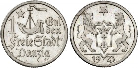 FREIE STADT DANZIG. J. D 7, EPA D 11. 
1 Gulden 1923, Danziger Kogge.
In dieser Erhaltung sehr selten !
zaponiert, PP