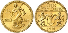 FREIE STADT DANZIG. J. D 11, EPA D 21. 
25 Gulden 1930, Neptun mit Drei­zack. Gold.
winz. Kr., f. St