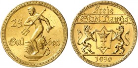 FREIE STADT DANZIG. J. D 11, EPA D 21. 
25 Gulden 1930, Neptun mit Drei­zack. Gold.
winz. Kr., f. St