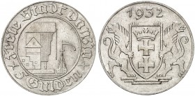 FREIE STADT DANZIG. J. D 18, EPA D 17. 
5 Gulden 1932, Krantor. RR !
vz
