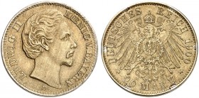 BAYERN. Ludwig II., 1864-1886. zu J. 194/200, Schaaf - , Slg. Beckenb. -. 
20 Mark 1900 D, glatter Rand.siehe J. 200 Anm.
Silber, vergoldet, RR !
2...