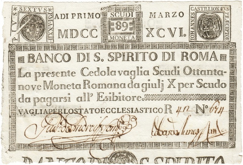 AUSLAND. ITALIEN. Banco di S. Spirito di Roma. 
89 Scudi 1786-96.
Pi. S 463 l....