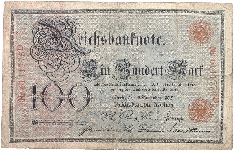 DEUTSCHLAND. KAISERREICH. 
100 Mark 18. 12. 1905. Ohne RBD und Wertzahl im Unte...