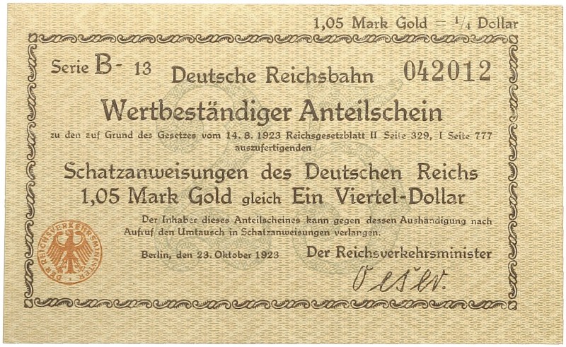 Notgeld. DEUTSCHE REICHSBAHN. Berlin. 
Lot von 2 Scheinen: 1,05 Mark Gold Serie...