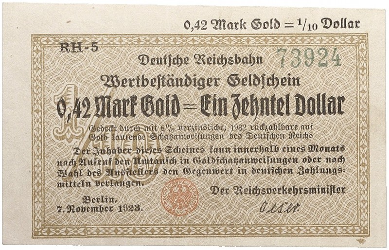 Notgeld. DEUTSCHE REICHSBAHN. Berlin. 
Lot von 2 Scheinen: 0,42 Mark Gold Serie...