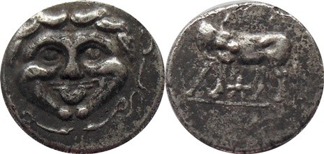 Mysia-Parion 350-300 BC - AR Hemidrachma
 Head of gorgoneion Rev:Bull standing ...