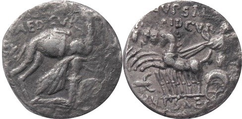 Denarius
Av: Male kneeling and holding palm branch, camel behind him M.SCAVR, A...