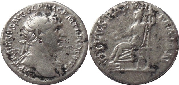 AR Denarius - AD 112-117 Roma
Laureate head right, Rev:Trajanś father seated le...