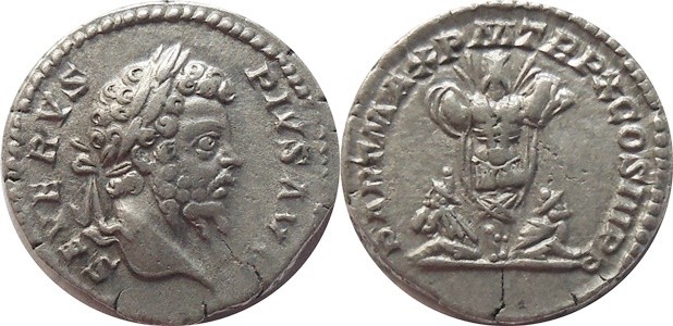 AR Denarius
Lauerate head right, Rev:Trophy of arms and armour with two Parthia...