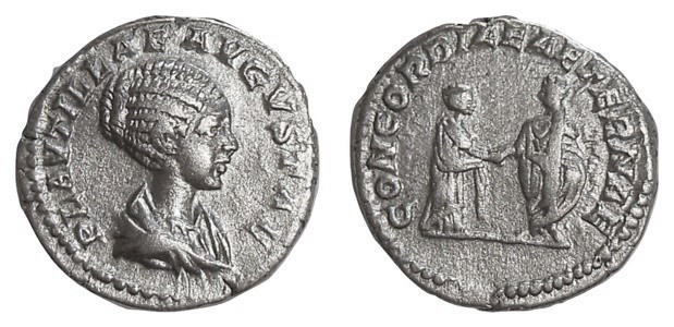 AR Denarius
Av:Bust right, 
Rev:Caracalla and Plautilla standing, hand in hand...