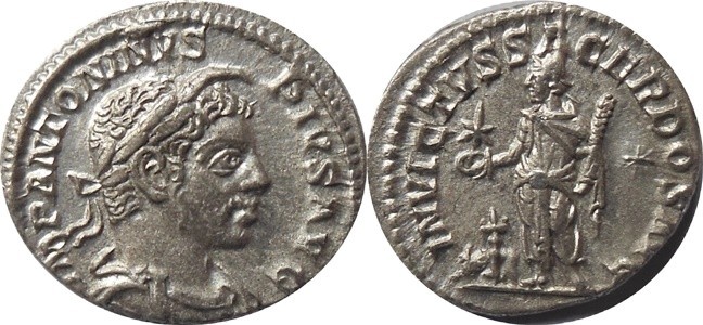 AR Denarius
Laureate horned draped bust right, 
Rev:Elagabalus standing left h...