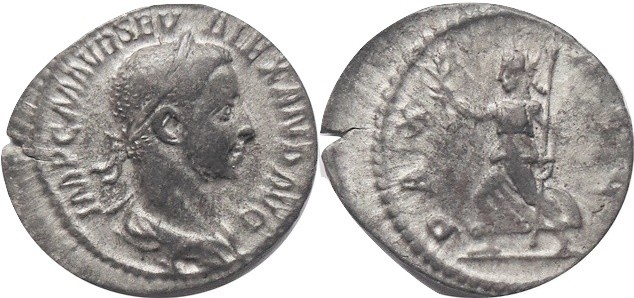 AR Denarius - AD 222-228 Roma
Laureate bust right, 
Rev:Pax walking left, hold...