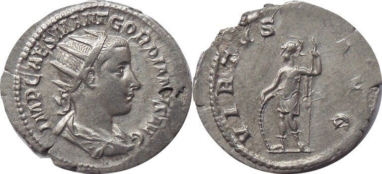 AR Antoninianus - AD 238-239
Radiate draped bust right, 
Rev:Virtrus standing ...