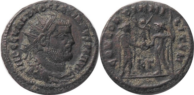 AE 20mm
Radiate, cuirassed bust right, 
Rev: Emperor standing right, holding s...