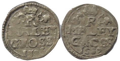 Maley groschen 1585 and 1587 - Kuttenberg, Šatný
Av:Crowned bohemian lion left ...