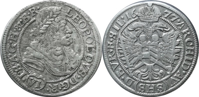 VI kreuzer - 1677 Breslau (SHS), Hammerschmidt, 
Av:Bust right Rev:Heraldic imp...