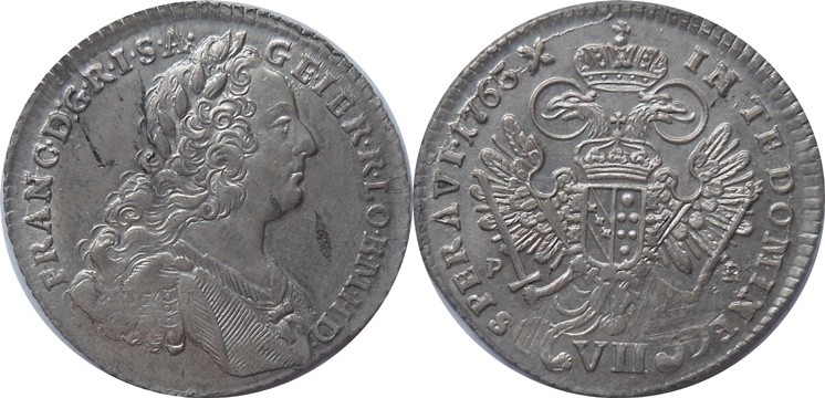 VII kreuzer - 1763 "P-R"Prag
Av: Bust right, Rev: Crowned imperial double eagle...