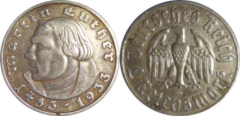 2 Reichsmark 1933 D - 450.th Anniversary - Birth of Martin Luther
Av: Eagle abo...