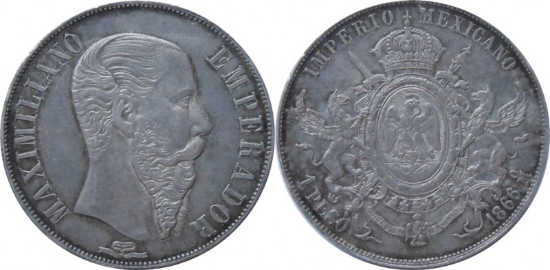 1 Peso 1866 "Mo" Mexico City
Av:Head to right, Rev: Crowned arms with supporter...