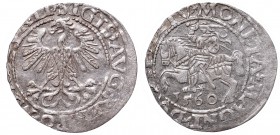 Sigismund II Augustus, Half-groat 1560, Vilnius, LI/LITV
Zygmunt II August, Półgrosz 1560, Wilno, LI/LITV
 Ładny, niecentralny półgrosz w patynie. O...