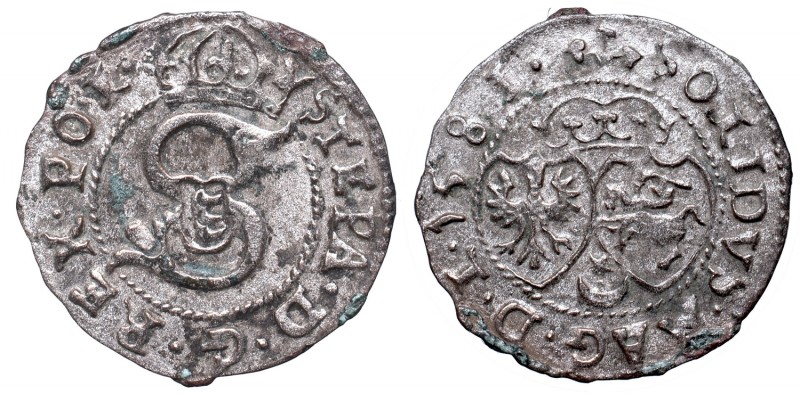 Stephan Bathory, Solidus 1581, Vilnius
Stefan Batory, Szeląg 1581, Wilno
 W pe...