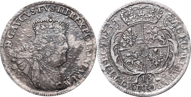 Augustus III Sas, 18 groschen 1755, Leipzig
August III Sas, Ort 1755, Lipsk
 Ł...