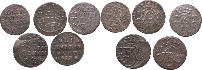 Augustus III Sas, set of 5 solidus (Elbing, Danzig, Thorn)
August III Sas, zest...