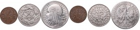 II Republic of Poland, Set of 3 coins
II Rzeczpospolita Polska, Zestaw 3 monet
 Pięknie zachowane 2 i 50 groszy, obiegowy stan 5 złotówki z głową ko...