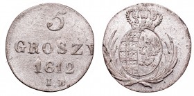 Duchy of Warsaw, 5 groschen 1812
Księstwo Warszawskie, 5 groszy 1812
 Pięknie zachowany egzemplarz, połysk, patyna. 

Grade: XF-/XF 
Reference: K...