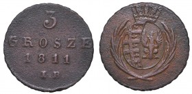 Duchy of Warsaw, 3 groschen 1811
Księstwo Warszawskie, 3 grosze 1811
 Ładnie zachowany detal, wytrawiony krążek, patyna. 

Grade: VF-/VF 
Referen...