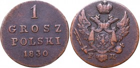 Kingdom of Poland, 1 groschen 1830 FH
Królestwo Polskie, 1 grosz polski 1830 FH
 Ładnie zachowany detal, patyna. 

Grade: VF/VF+ 
Reference: Bitk...