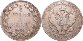 Kingdom of Poland, 3/4 rouble 5 zlotych 1840
Królestwo Polskie, 3/4 rubla 5 złotych 1840
 Obiegowy egzemplarz, przetarcia. Patyna, nalot. 

Grade:...