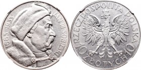 II Republic, 10 zlotych 1933, Sobieski - NGC AU58
II Rzeczpospolita, 10 złotych 1933 Sobieski - NGC AU58
 Bardzo ładny, około menniczy egzemplarz. W...