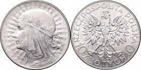 II Republic, 10 zlotych 1932, Women's Head
II Rzeczpospolita, 10 złotych 1932 Głowa kobiety
 Ładny, około menniczy egzemplarz. Delikatnie przetarty ...