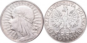 II Republic, 10 zlotych 1932, Women's Head
II Rzeczpospolita, 10 złotych 1932 Głowa kobiety
 Wspaniale zachowany awers, delikatnie przetarty rewers....