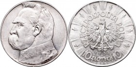 II Republic, 10 zlotych 1935, Pilsudski
II Rzeczpospolita, 10 złotych 1935 Piłsudski
 Ładnie zachowany egzemplarz. 

Grade: XF-/XF 
 Polen, Polan...