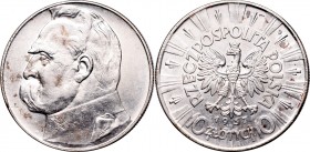 II Republic, 10 zlotych 1937, Pilsudski
II Rzeczpospolita, 10 złotych 1937 Piłsudski
 Pięknie zachowany egzemplarz, ładny połysk. 

Grade: XF 
 P...