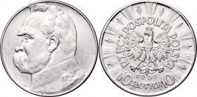 II Republic, 10 zlotych 1937, Pilsudski
II Rzeczpospolita, 10 złotych 1937 Piłsudski
 Ładnie zachowany egzemplarz. 

Grade: VF+/XF- 
 Polen, Pola...
