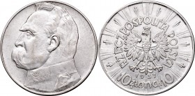 II Republic, 10 zlotych 1937, Pilsudski
II Rzeczpospolita, 10 złotych 1937 Piłsudski
 Ładnie zachowany egzemplarz. 

Grade: VF/VF+ 
 Polen, Polan...