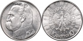 II Republic, 10 zlotych 1939, Pilsudski
II Rzeczpospolita, 10 złotych 1939 Piłsudski
 Wspaniały, wyszukany, menniczy egzemplarz. Niewielkie mikrorys...
