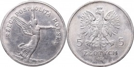 II Republic, 5 zlotych 1928, Nike, Warsaw
II Rzeczpospolita, 5 złotych 1928 Nike
 Piękny detal, jednak niegdyś czyszczona. Rzadka w takim stanie. 
...
