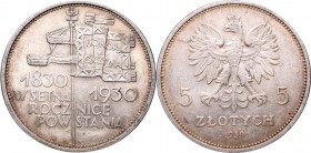 II Republic, 5 zlotych 1930, Banner
II Rzeczpospolita, 5 złotych 1930 Sztandar
 Wspaniały egzemplarz, bardzo ładna patyna. 

Grade: UNC/AU 
 Pole...