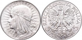II Republic, 5 zlotych 1933, Women's Head
II Rzeczpospolita, 5 złotych 1933 Głowa kobiety
 Pięknie zachowany egzemplarz, połysk menniczy. 

Grade:...