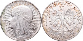 II Republic, 5 zlotych 1933, Women's Head
II Rzeczpospolita, 5 złotych 1933 Głowa kobiety
 Ładnie zachowany egzemplarz. Nalot. 

Grade: XF 
 Pole...