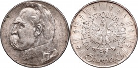 II Republic, 5 zlotych 1934, Pilsudski
II Rzeczpospolita, 5 złotych 1934 Piłsudski
 Wspaniale zachowany egzemplarz. Patyna na rewersie. 

Grade: A...