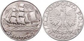 II Republic, 5 zlotych 1936, Ship
II Rzeczpospolita, 5 złotych 1936 Żaglowiec
 Bardzo ładnie zachowany egzemplarz. 

Grade: XF-/XF 
 Polen, Polan...